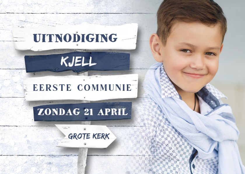 Communiekaarten - Uitnodiging Eerste Communie wegwijzer blauw met foto