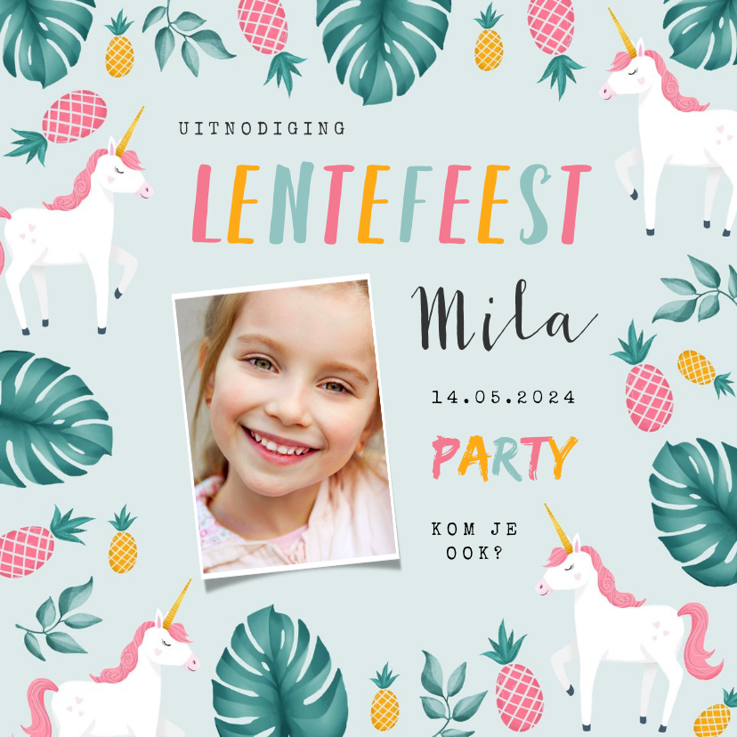 Communiekaarten - Uitnodiging lentefeest meisje hip tropical unicorn ananas