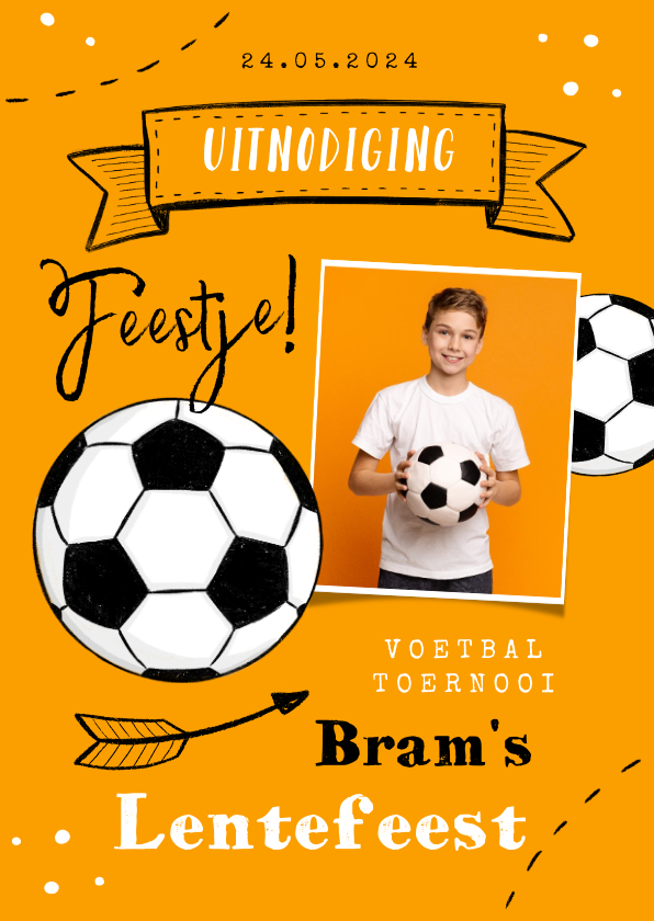 Communiekaarten - Uitnodiging lentefeest voetbal oranje foto stoer hip