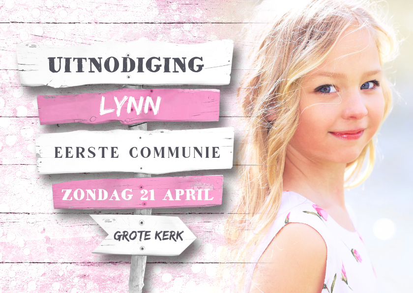 Communiekaarten - Uitnodiging wegwijzer Eerste Communie roze met foto