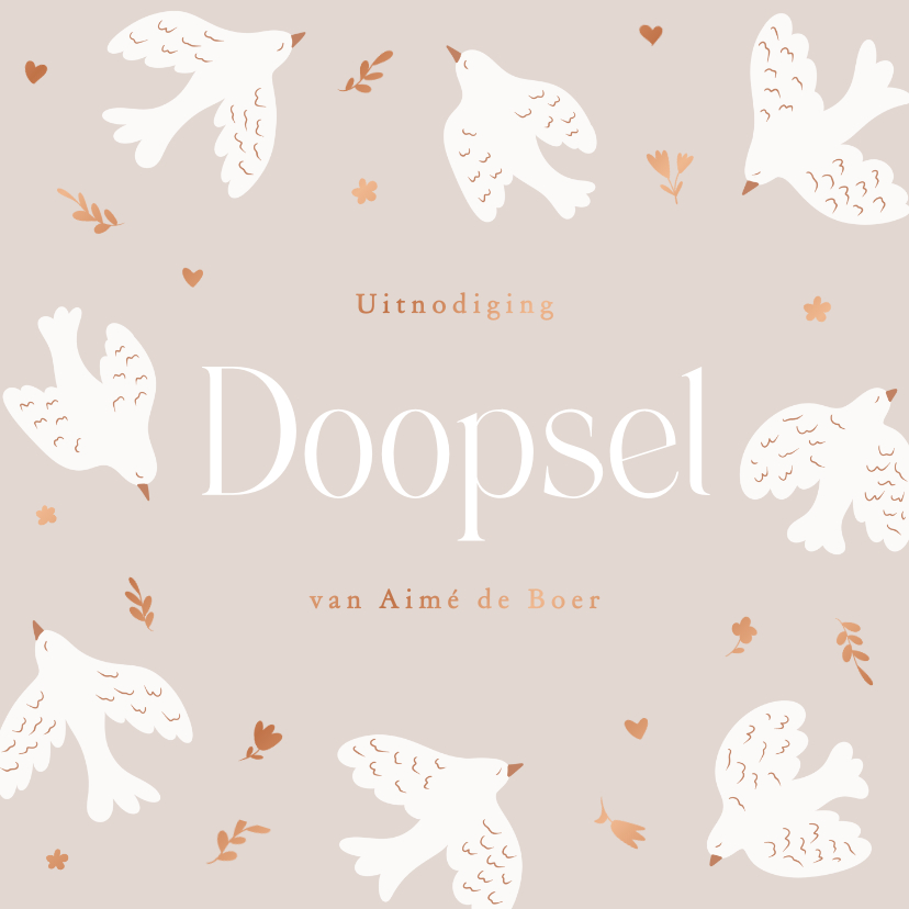 Doopkaarten - Lieve beige doopkaart met duifjes en koperen takjes bloemen