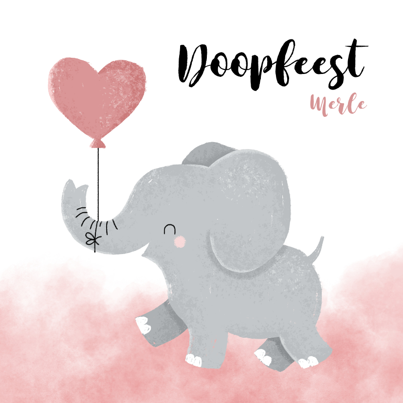 Doopkaarten - Lieve doopkaart meisje olifantje met ballon en waterverf