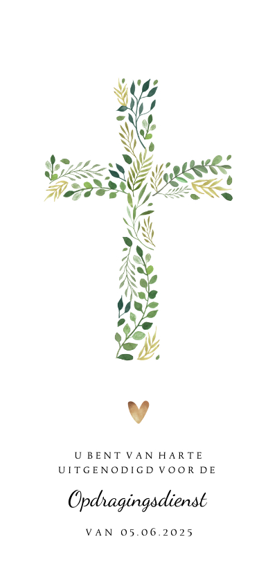 Doopkaarten - Uitnodiging doopdienst met kruis van botanische bladeren