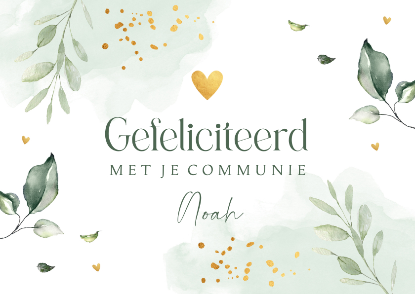 Felicitatiekaarten - Felicitatie communie floral waterverf bladeren