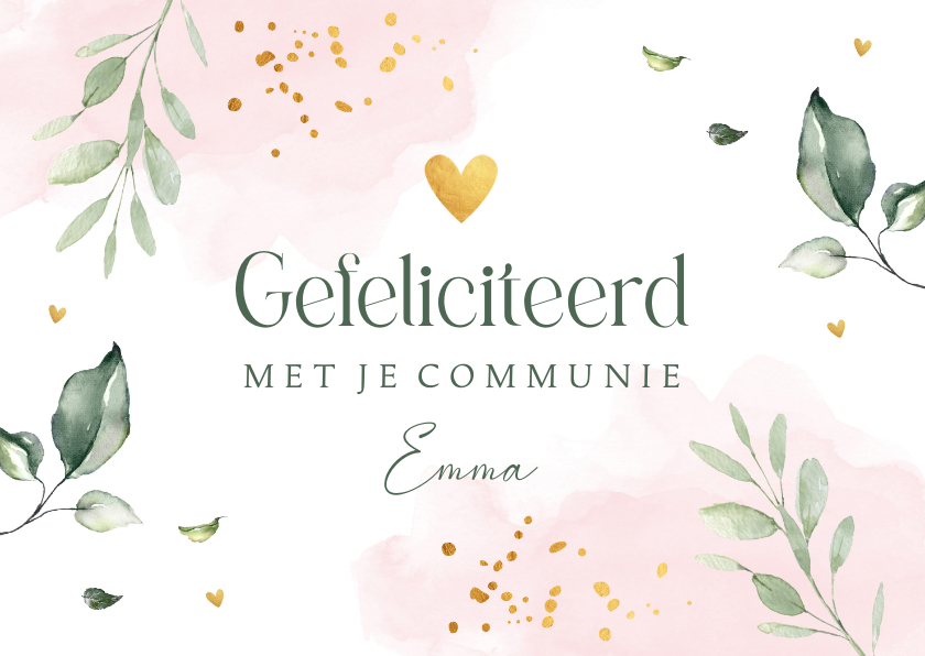 Felicitatiekaarten - Felicitatie communie meisje waterverf roze bladeren