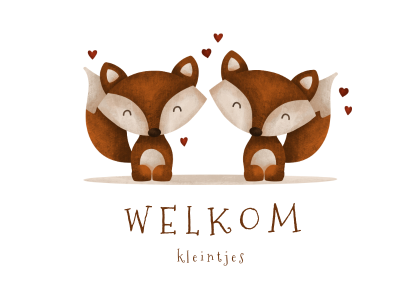 Felicitatiekaarten - Felicitatie geboorte tweeling vosjes met hartjes lief