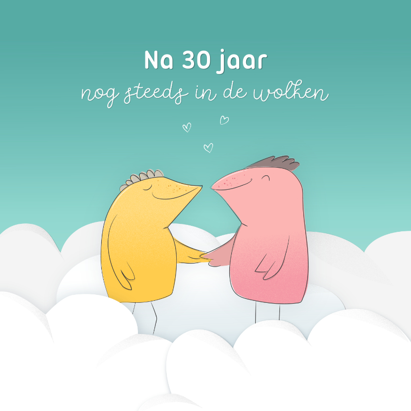 Felicitatiekaarten - Felicitatie jubileum met verliefde lovebirds in de wolken