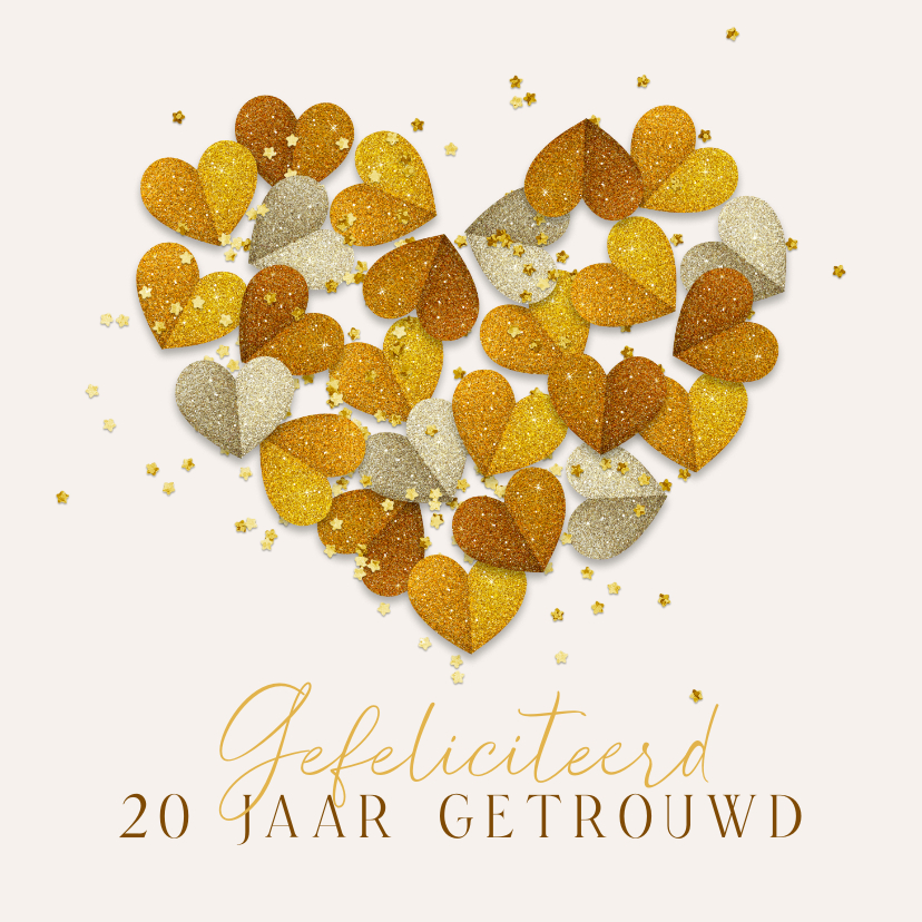 Felicitatiekaarten - Felicitatie kaart 20 jaar getrouwd hartjes van goud confetti