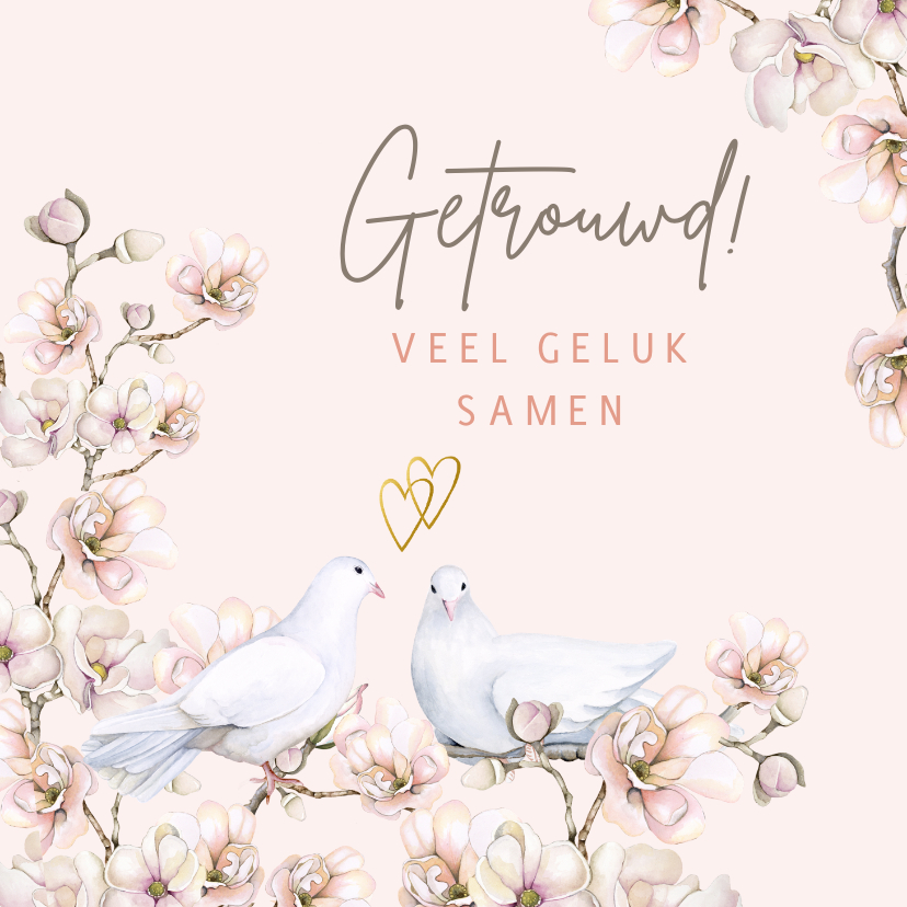 Felicitatiekaarten - Felicitatie kaart getrouwd witte duiven bloesem