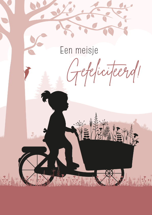 Felicitatiekaarten - Felicitatie met silhouet meisje en bloemen op bakfiets