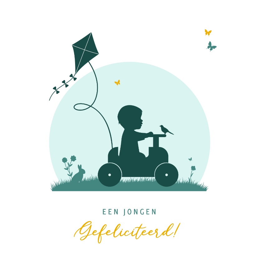 Felicitatiekaarten - Felicitatie silhouet jongen in auto met vlieger