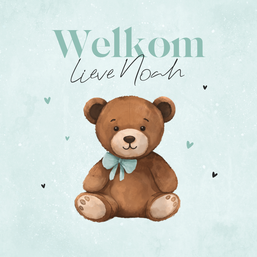 Felicitatiekaarten - Felicitatiekaart blauw baby jongen teddybeer hartjes lief