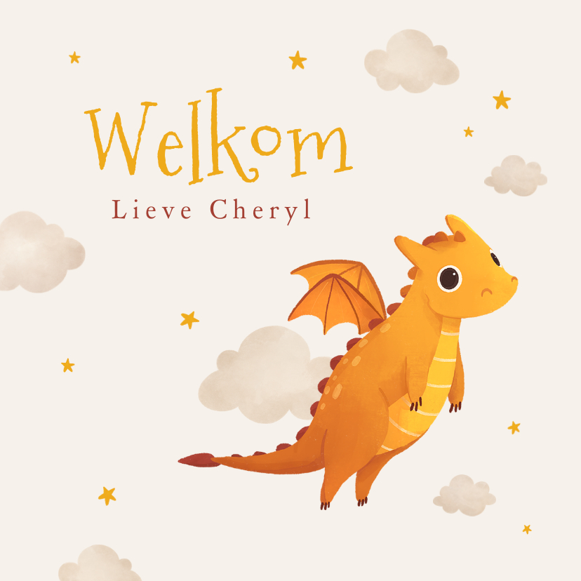 Felicitatiekaarten - Felicitatiekaart draakje wolken sterren baby geboorte 