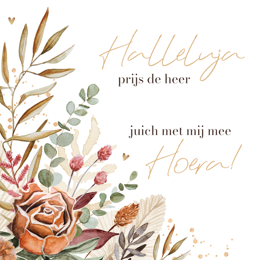 Felicitatiekaarten - Felicitatiekaart droogbloemen christelijk gouden hartjes