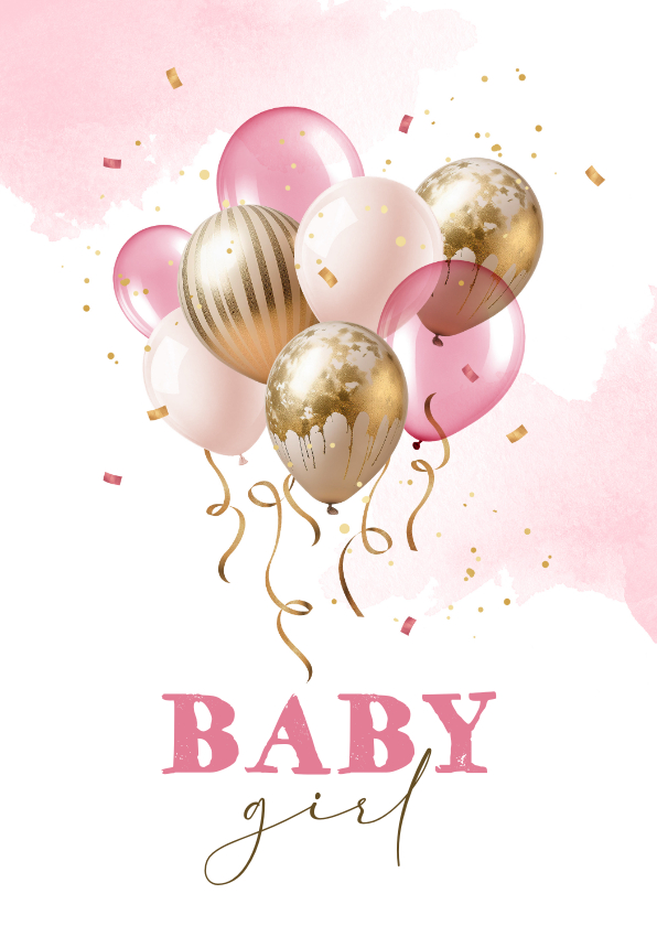 Felicitatiekaarten - Felicitatiekaart geboorte baby girl ballonnen meisje roze