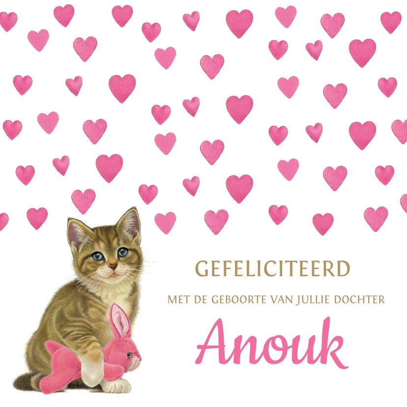 Felicitatiekaarten - Felicitatiekaart geboorte dochter met hartjes en kitten