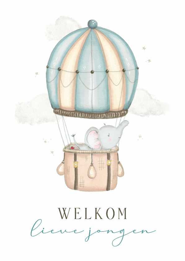 Felicitatiekaarten - Felicitatiekaart geboorte - jongen luchtballon olifant