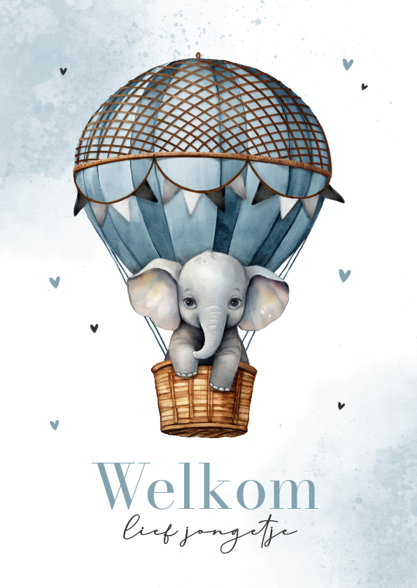 Felicitatiekaarten - Felicitatiekaart geboorte jongen olifantje luchtballon