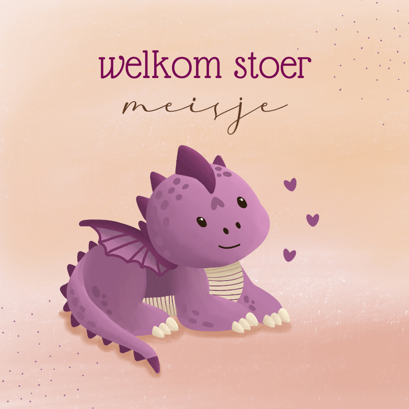 Felicitatiekaarten - Felicitatiekaart geboorte meisje met paarse dino en hartjes