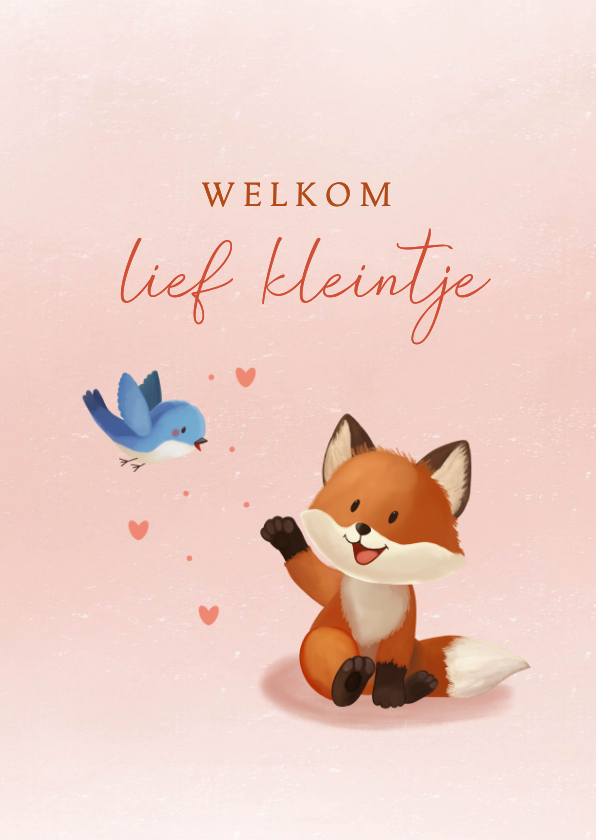 Felicitatiekaarten - Felicitatiekaart geboorte meisje met vosje en vogel