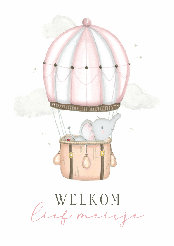 Felicitatiekaarten - Felicitatiekaart geboorte olifant meisje luchtballon roze