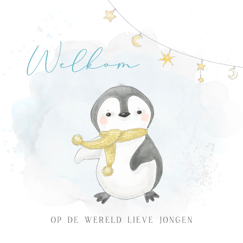 Felicitatiekaarten - Felicitatiekaart geboorte pinguïn jongen watercolor winter