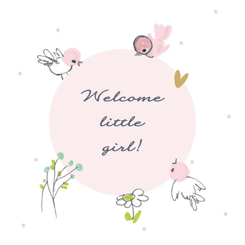 Felicitatiekaarten - Felicitatiekaart geboorte roze vogeltjes om een cirkel