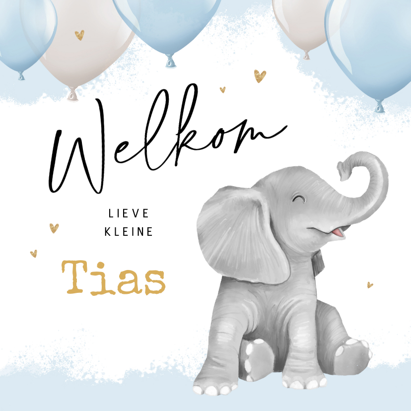 Felicitatiekaarten - Felicitatiekaart geboorte welkom olifant waterverf ballonnen