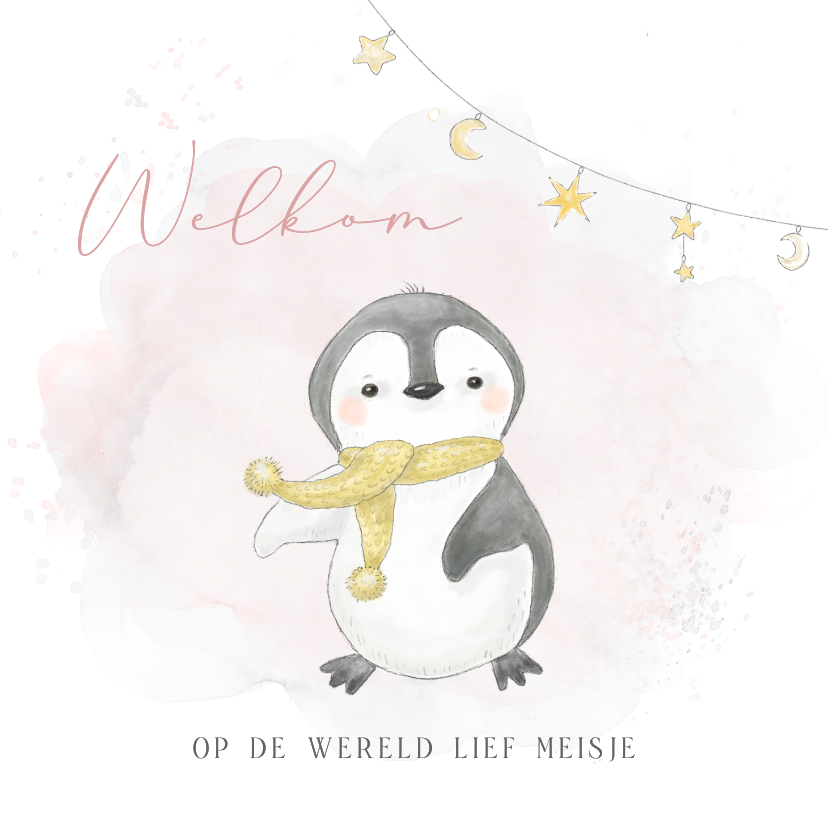 Felicitatiekaarten - Felicitatiekaart geboorte winter meisje pinguïn