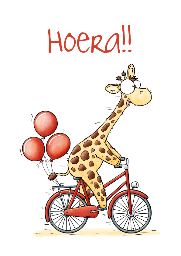 Felicitatiekaarten - Felicitatiekaart giraffe op de fiets met ballonnen