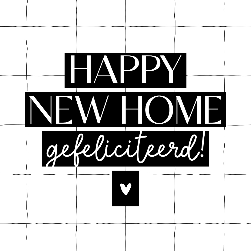 Felicitatiekaarten - Felicitatiekaart happy new home wit met zwart lijntjes hart