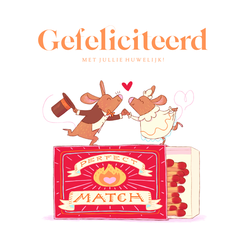 Felicitatiekaarten - Felicitatiekaart huwelijk muisjes luciferdoos perfect match