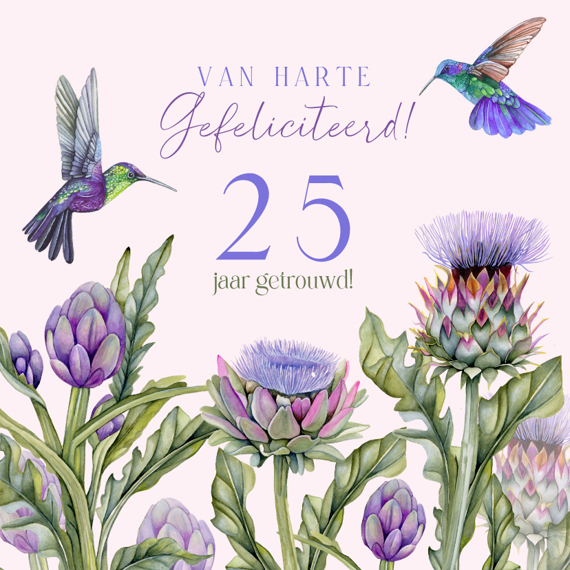 Felicitatiekaarten - Felicitatiekaart huwelijksjubileum artisjok bloemen vogels