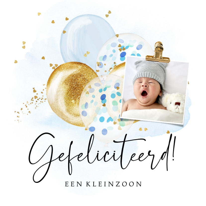 Felicitatiekaarten - Felicitatiekaart kleinzoon ballonnen confetti hartjes goud