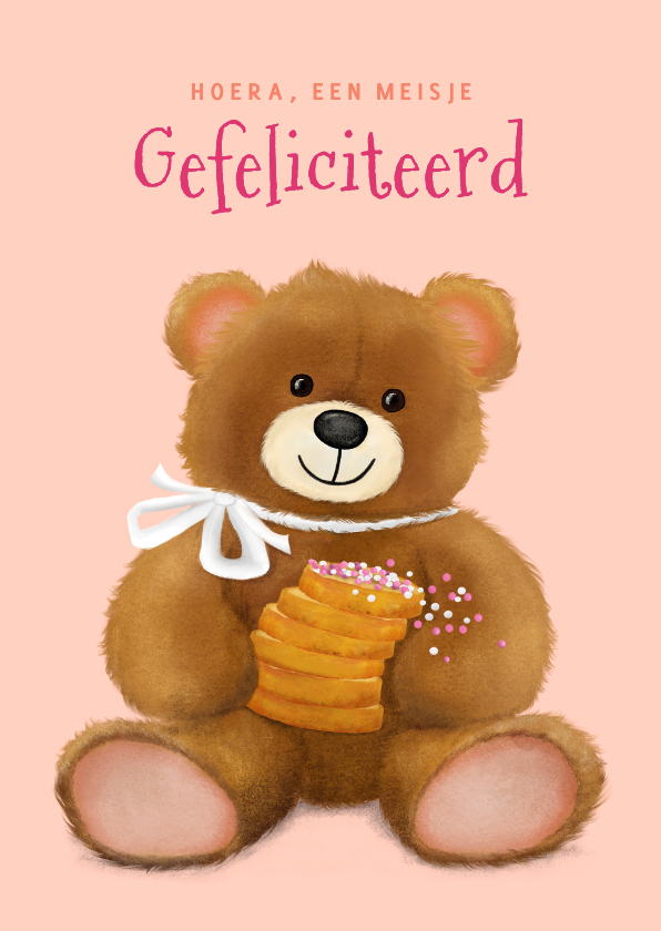 Felicitatiekaarten - Felicitatiekaart met beer en beschuit met roze muisjes