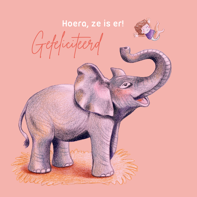 Felicitatiekaarten - Felicitatiekaart olifant met meisje voor de geboorte 