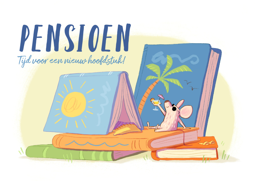 Felicitatiekaarten - Felicitatiekaart pensioen muisje op boeken nieuw hoofdstuk