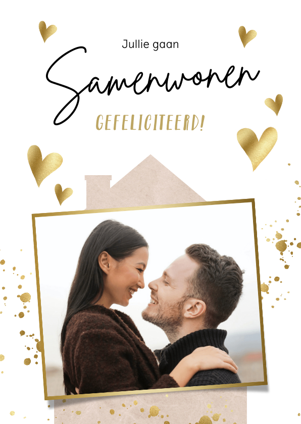 Felicitatiekaarten - Felicitatiekaart samenenwonen met gouden hartjes en foto