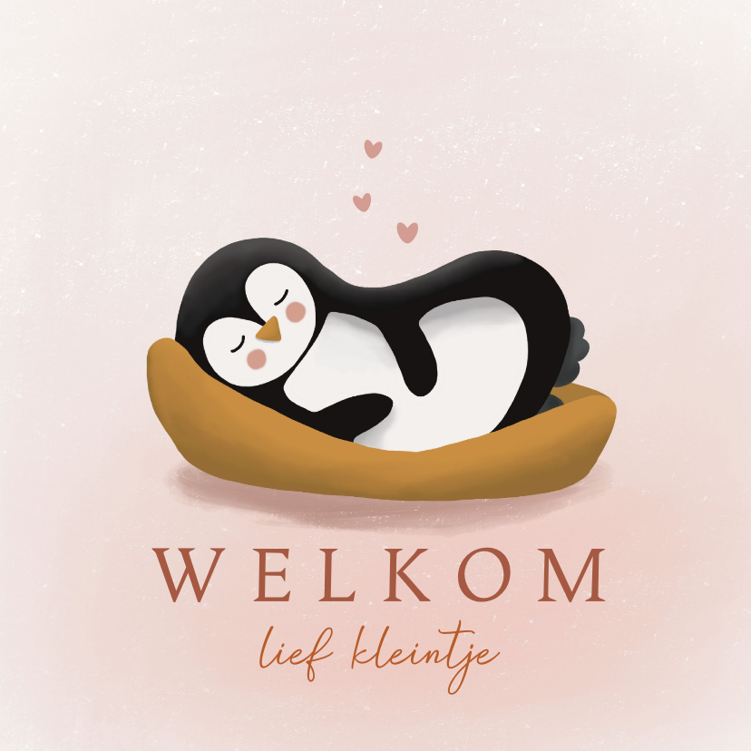 Felicitatiekaarten - Felicitatiekaart slapende baby pinguïn geboorte meisje