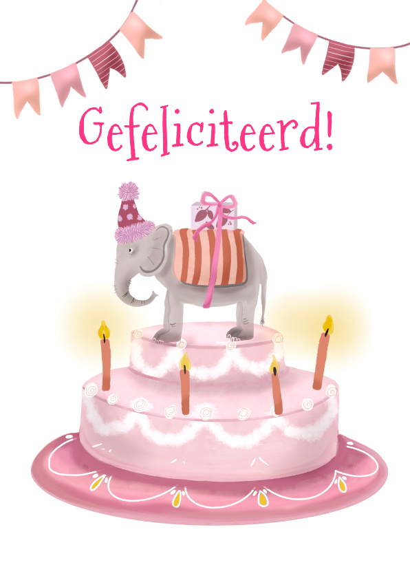 Felicitatiekaarten - Felicitatiekaart taart met olifantje roze