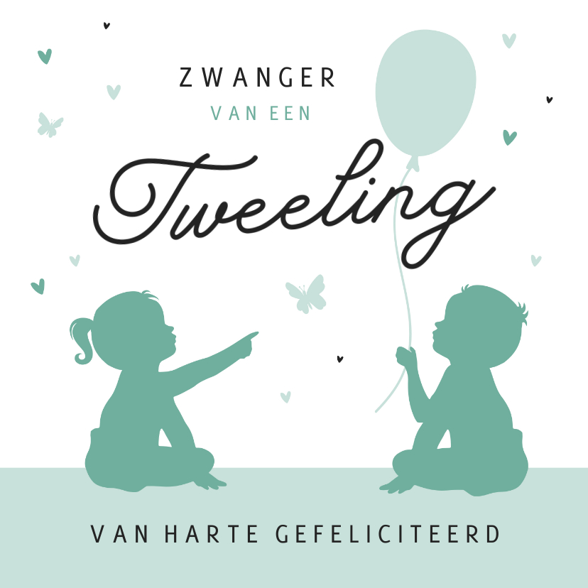 Felicitatiekaarten - Felicitatiekaart tweeling silhouet zwanger hartjes vlinder