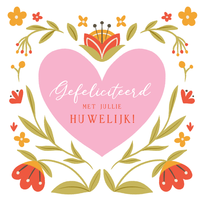 Felicitatiekaarten - Felicitatiekaart voor huwelijk met hartje en bloemen