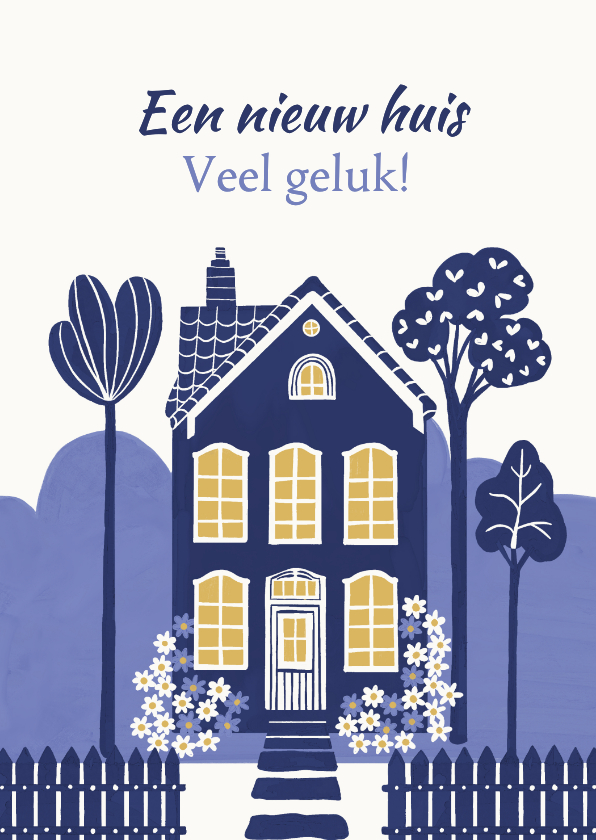 Felicitatiekaarten - Felicitatiekaart woning met bomen in naïve stijl