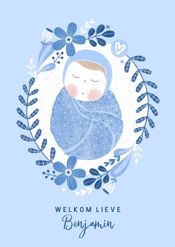 Felicitatiekaarten - Felicitatiekaart zoon baby botanisch blauw