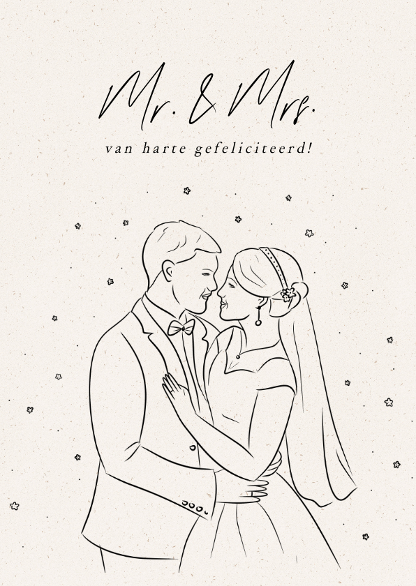 Felicitatiekaarten - Felicitatiekaartje huwelijk met lijntekening mr. and mrs.