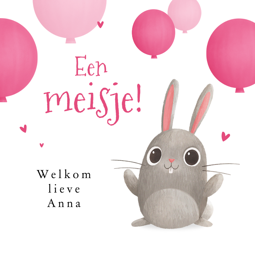 Felicitatiekaarten - Felicitatiekaartje konijn ballonnen hartjes baby geboren