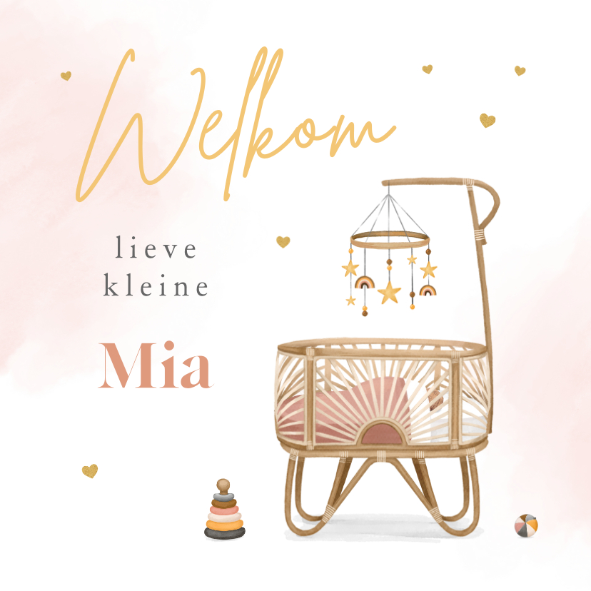 Felicitatiekaarten - Felicitatiekaartje wiegje meisje welkom illustratie verf