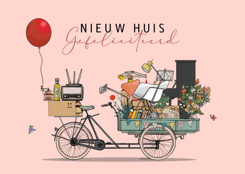 Felicitatiekaarten - Felicititatie verhuiskaart bakfiets met spullen