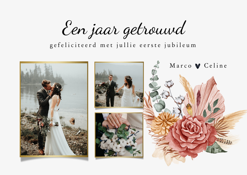 Felicitatiekaarten - Gefeliciteerd jubileumkaart 1 jaar huwelijk boho 