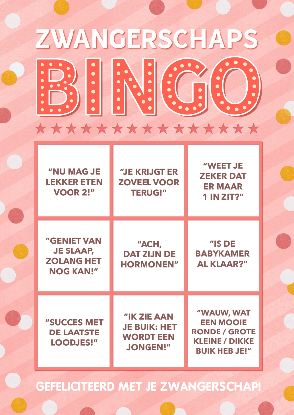 Felicitatiekaarten - Grappige felicitatie zwangerschaps bullshit Bingo kaart